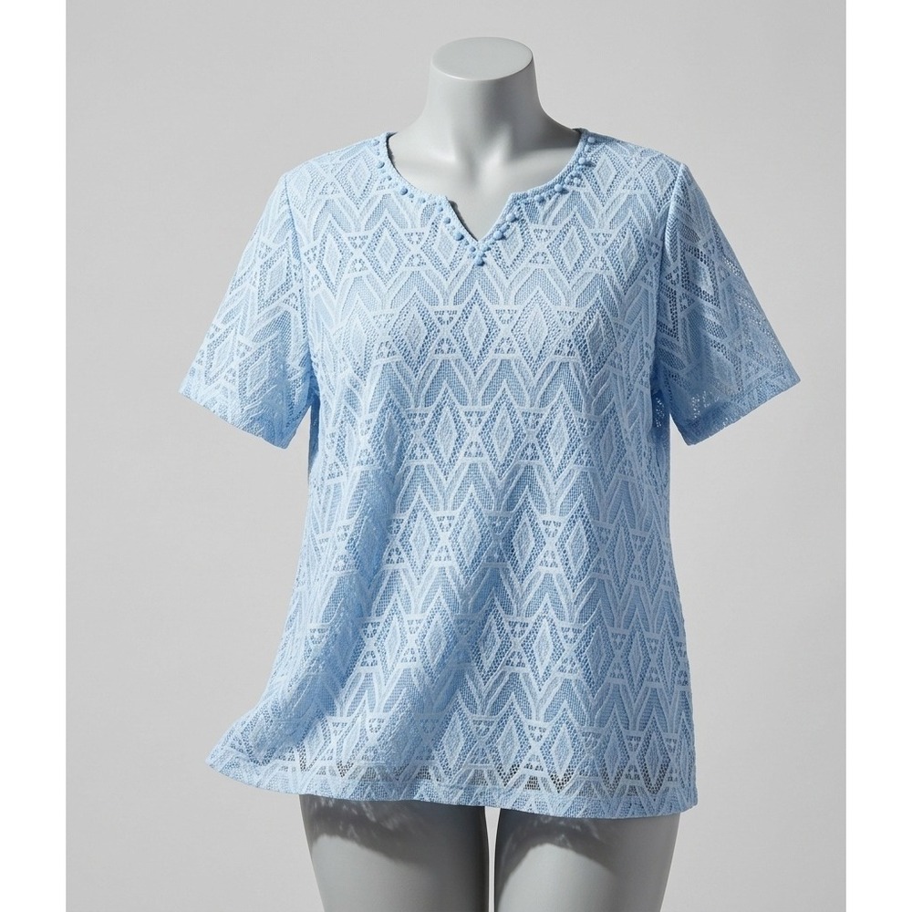 Alfred Dunner Woman Plus Size 2X Light Blue Beaded Crochet Lace Top Lined